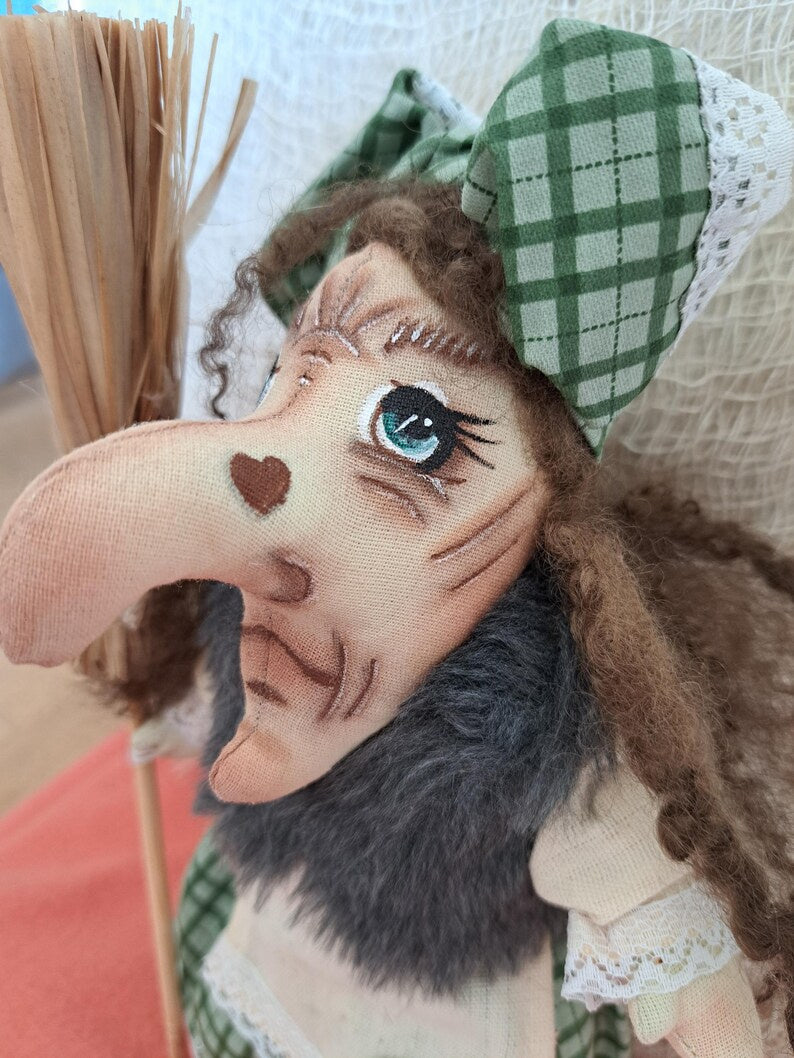 Handmade Textile Witch Doll with Broom