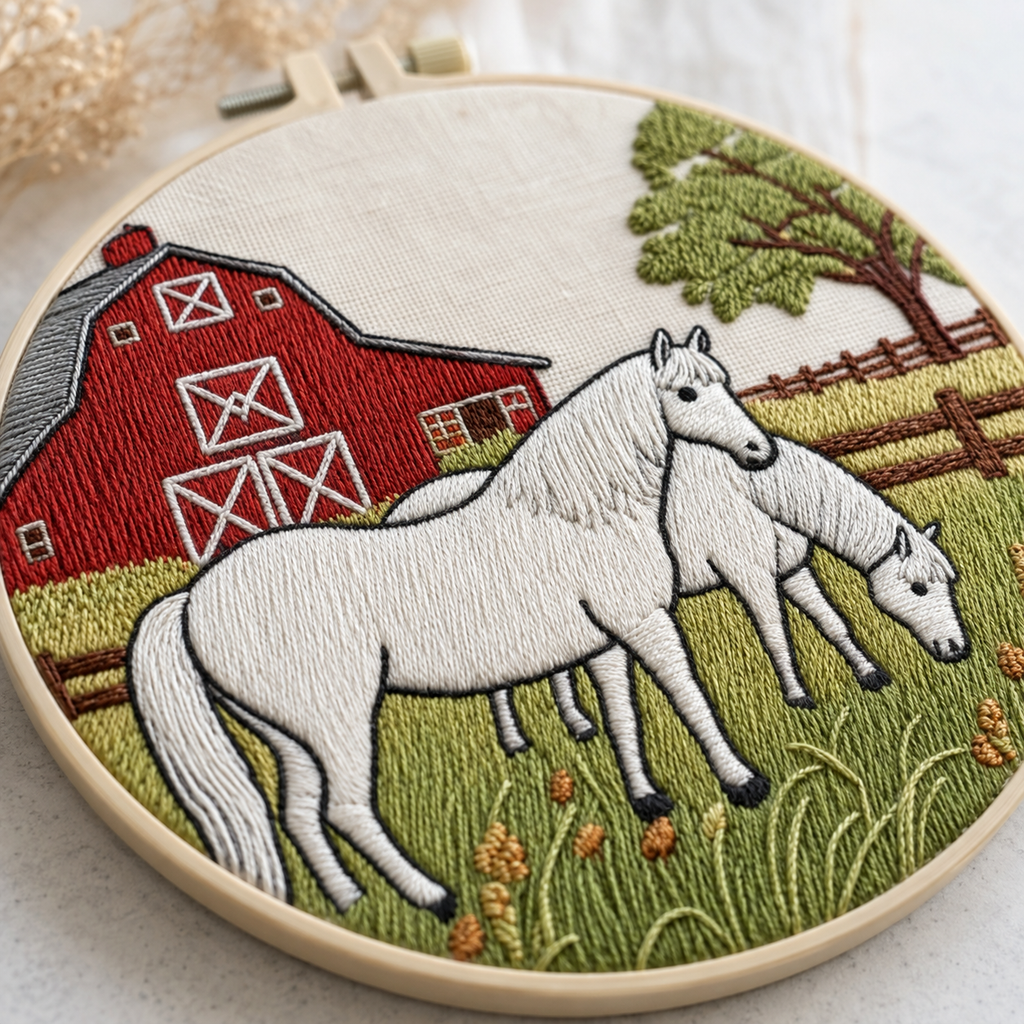 Grazing Horses Farm Embroidery Kit