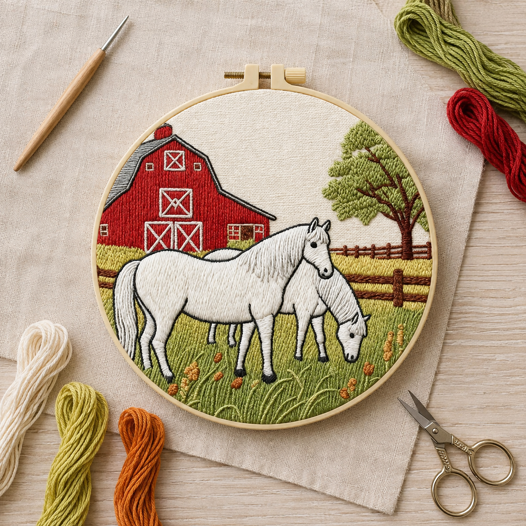 Grazing Horses Farm Embroidery Kit