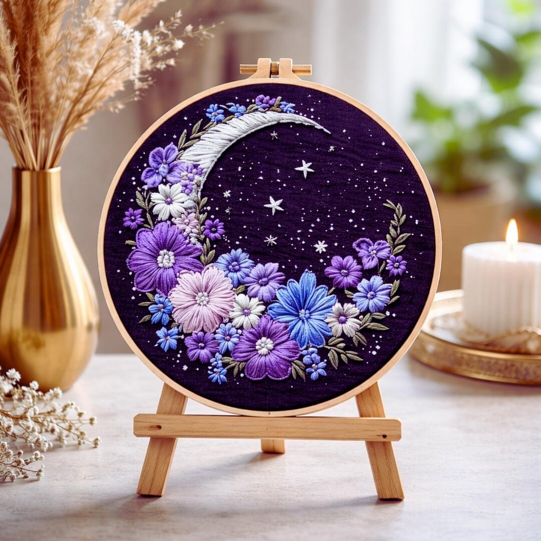 Moon flowers embroidery kit finished hoop art