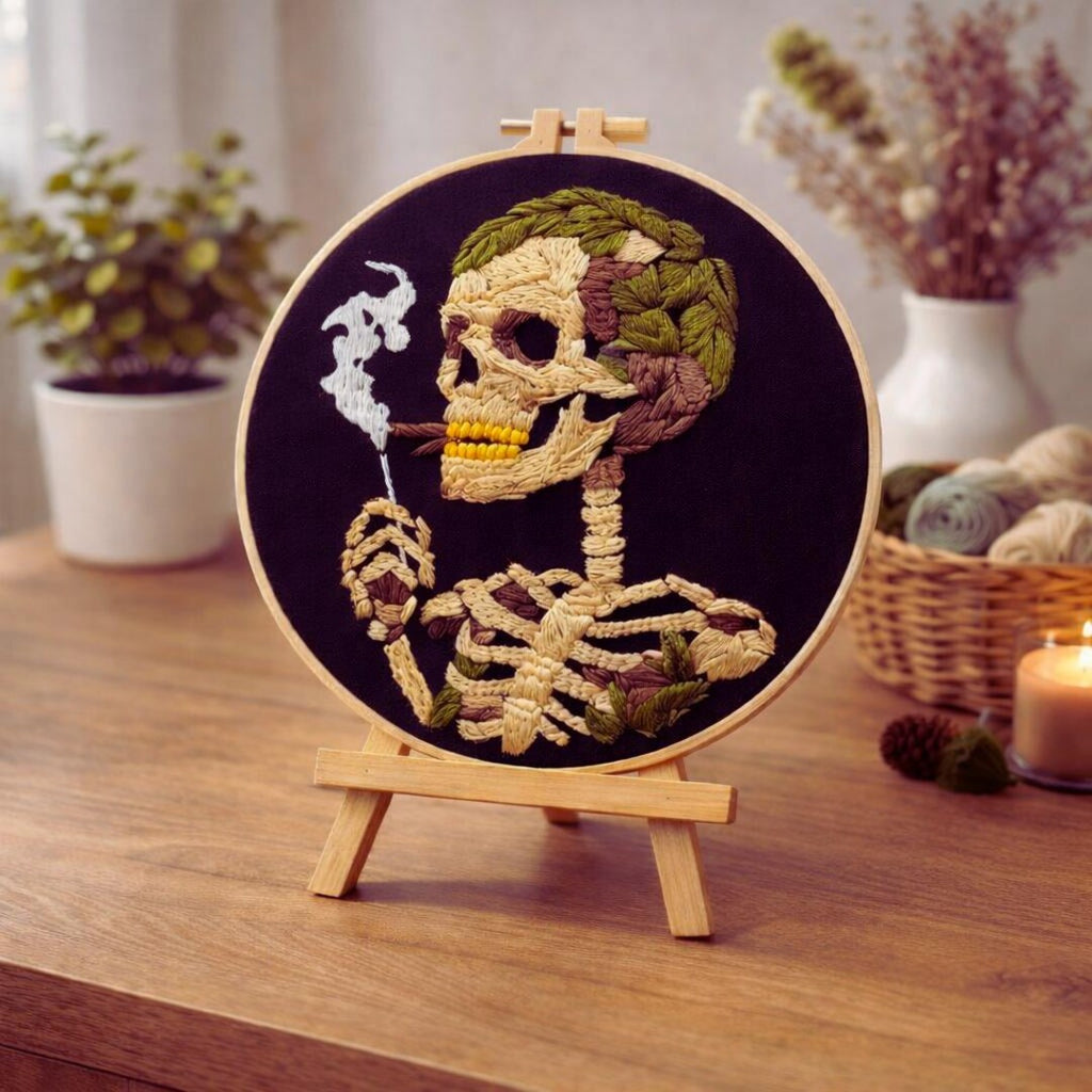 Skeleton skull botanical embroidery hoop finished piece