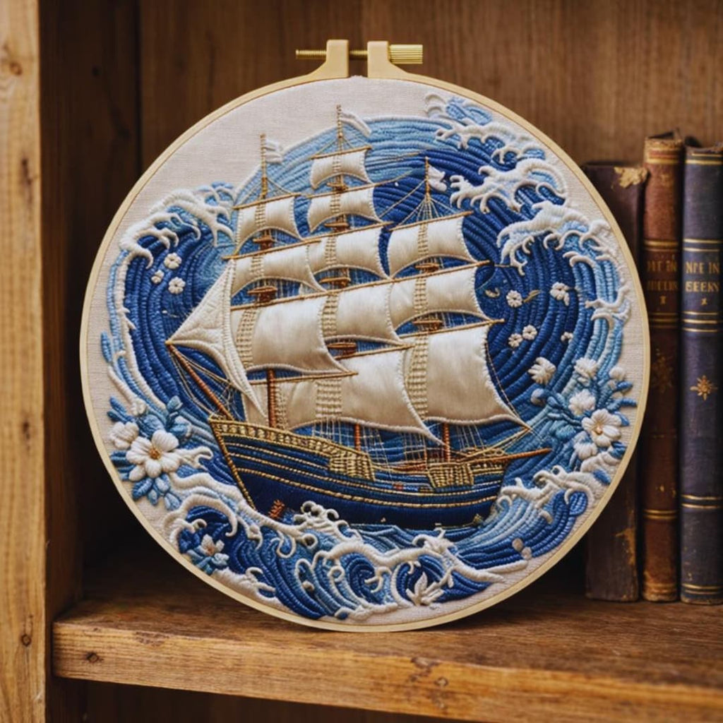 Sailing ship embroidery hoop art