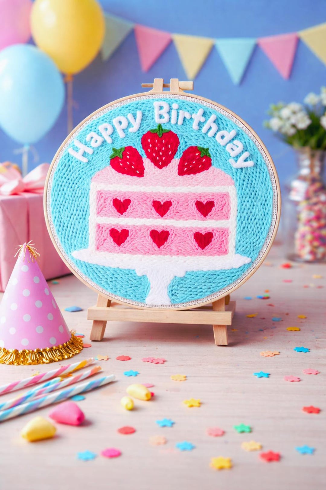 Strawberry birthday cake punch needle hoop art