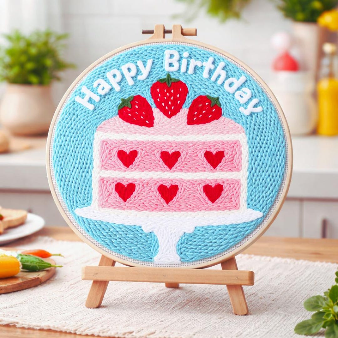 Finished strawberry cake punch needle close-up
