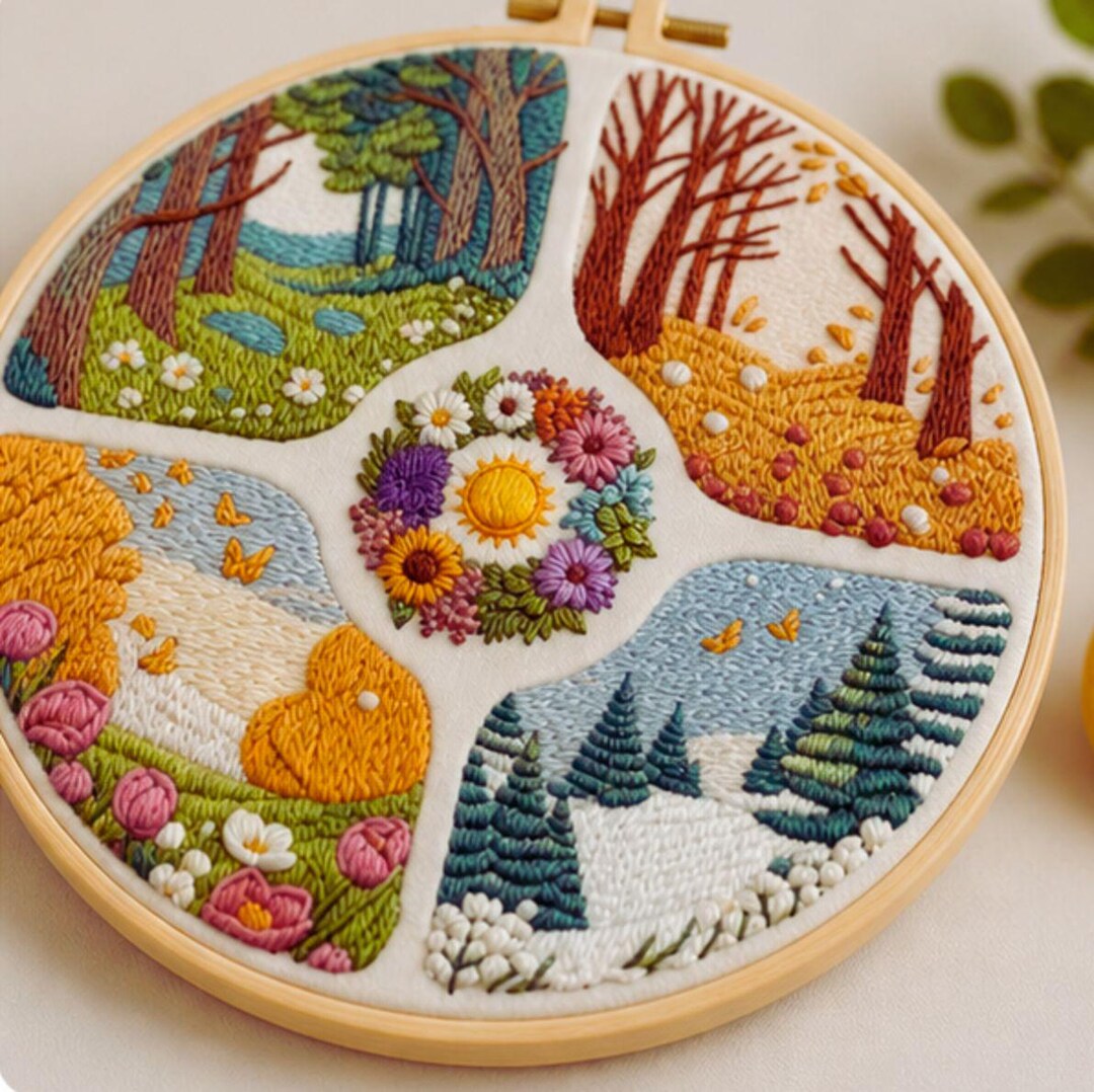 Four Seasons embroidery hoop art landscapes