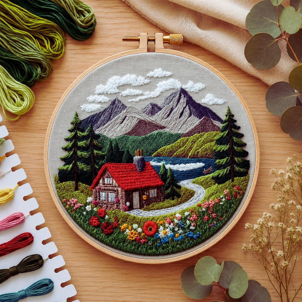 Mountain cottage embroidery kit finished hoop art