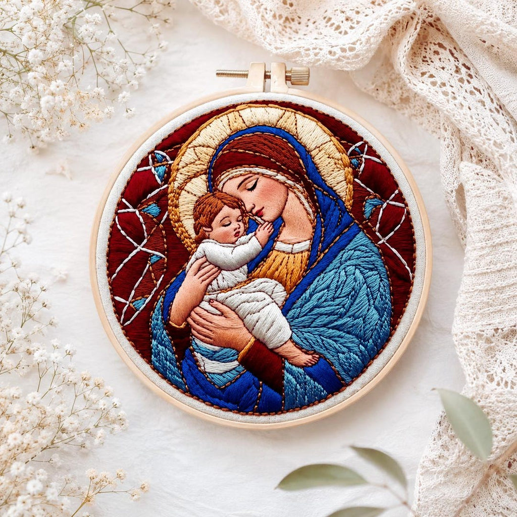 Madonna mother and child religious embroidery hoop art