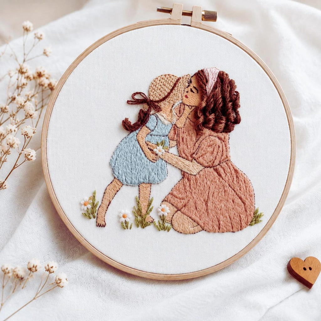 Mom and child cottagecore embroidery hoop art