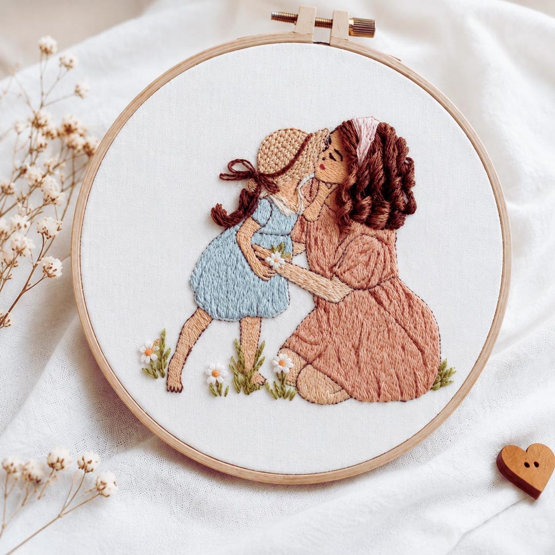 Mom and child cottagecore embroidery hoop art