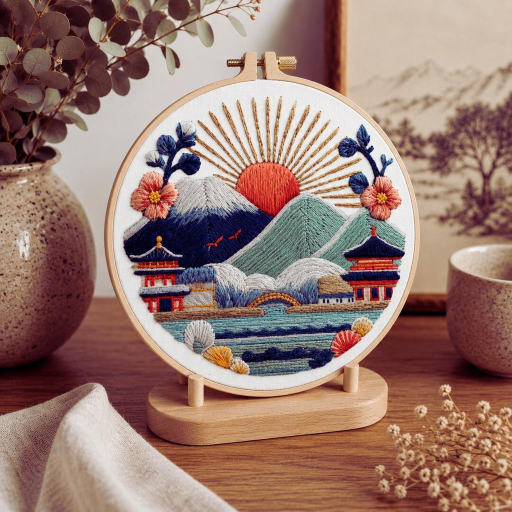 Kyoto sunrise embroidery kit finished design