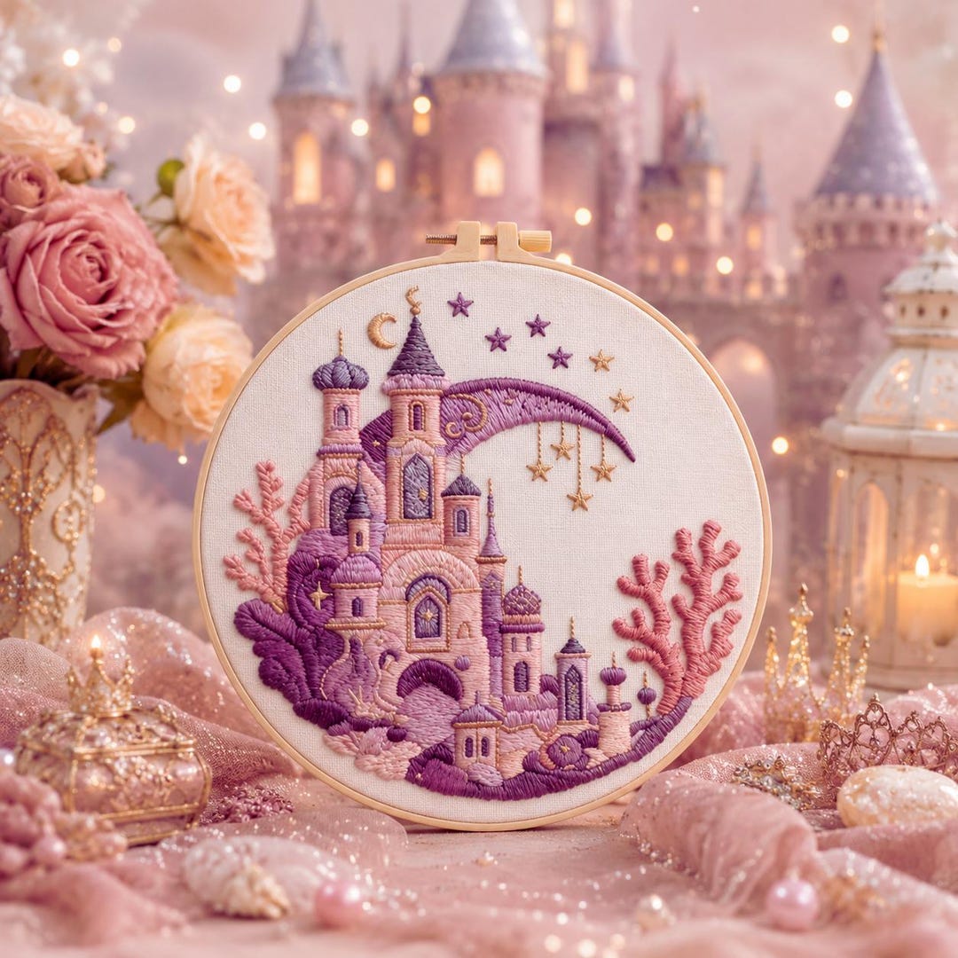 Fantasy castle embroidery kit with moon and stars design