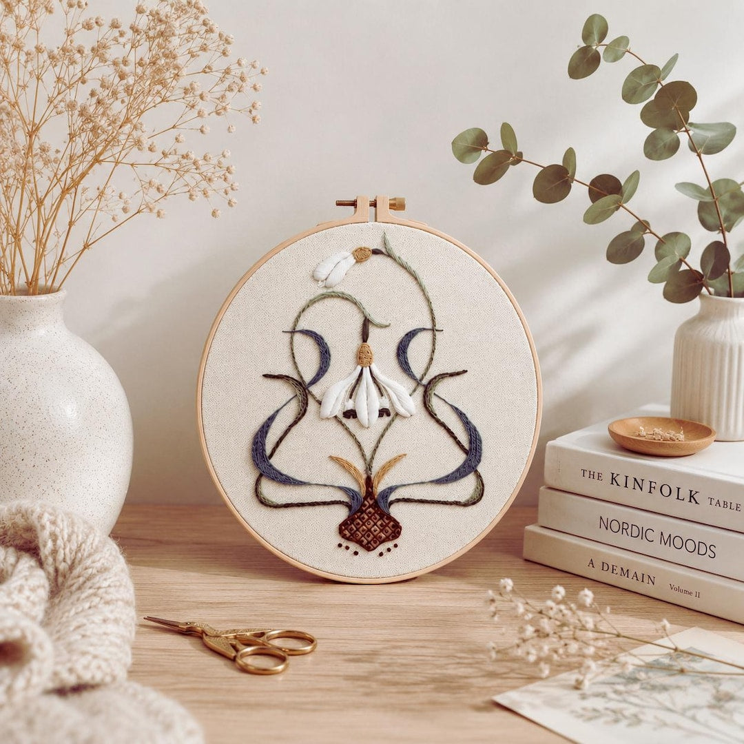 Snowdrop botanical embroidery kit finished piece