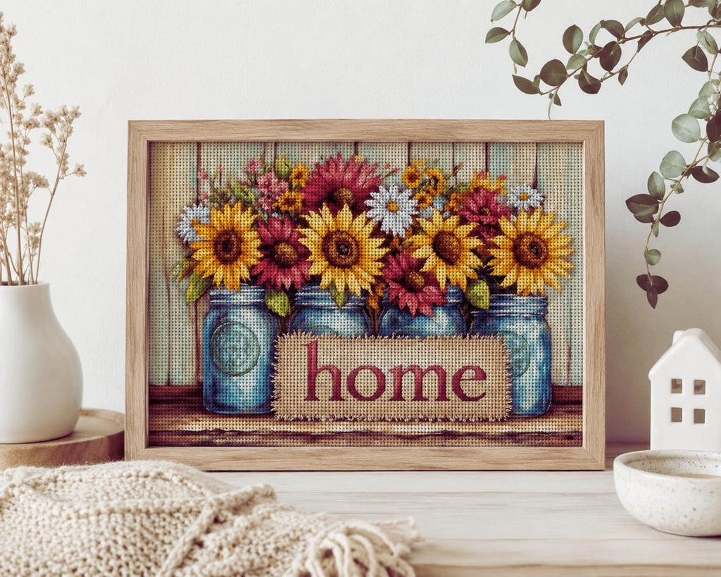 Sunflower Cross Stitch Kit, Floral Embroidery Kit, DIY Needlepoint Kit for Adults, Rustic Farmhouse 