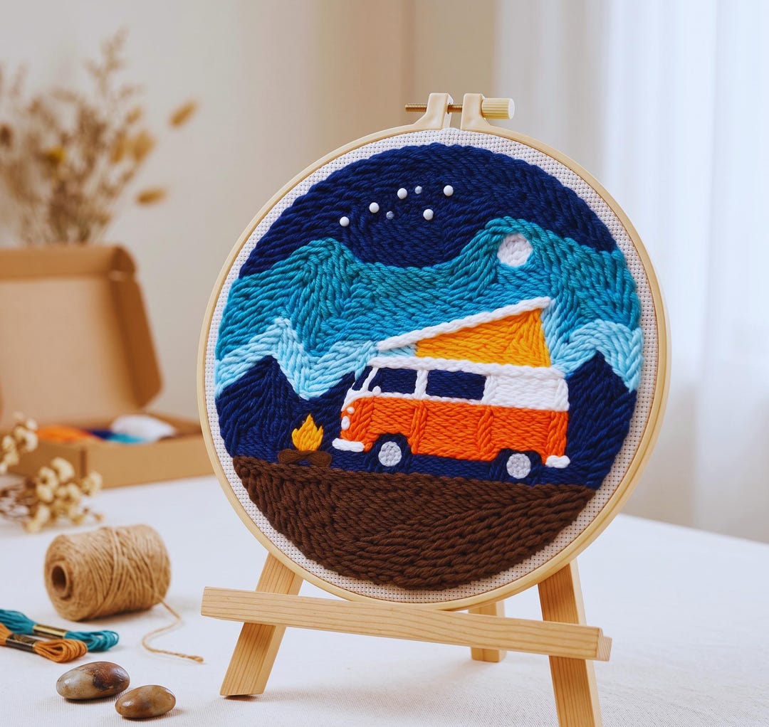 Camping Punch Needle Kit, Camper Van Embroidery Kit, Adventure DIY Craft Kit, Van Life Decor, Beginn