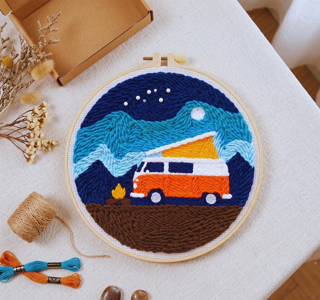 Camping Punch Needle Kit, Camper Van Embroidery Kit, Adventure DIY Craft Kit, Van Life Decor, Beginn