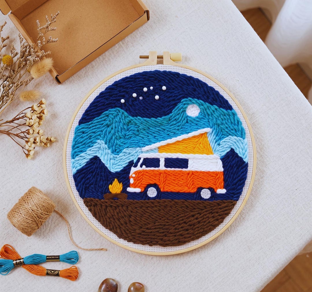 Camping Punch Needle Kit, Camper Van Embroidery Kit, Adventure DIY Craft Kit, Van Life Decor, Beginn
