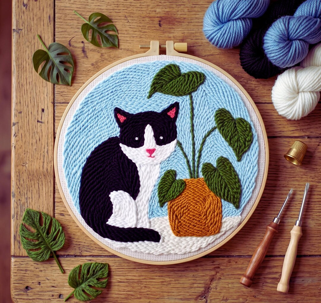 Cat Punch Needle Kit, Tuxedo Cat Embroidery Kit, DIY Cat Lover Craft Kit, Modern Pet Wall Decor, Beg