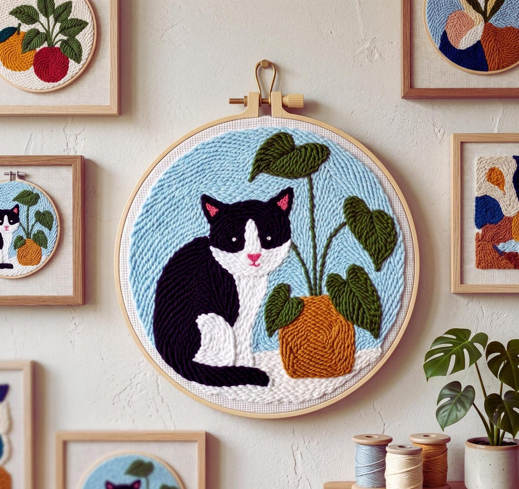 Cat Punch Needle Kit, Tuxedo Cat Embroidery Kit, DIY Cat Lover Craft Kit, Modern Pet Wall Decor, Beg