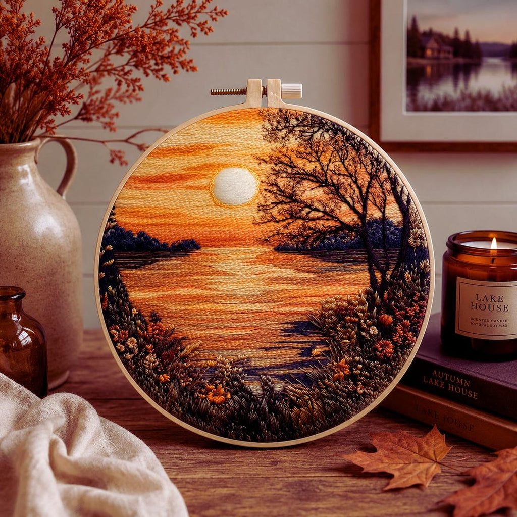Sunset lake embroidery kit finished piece
