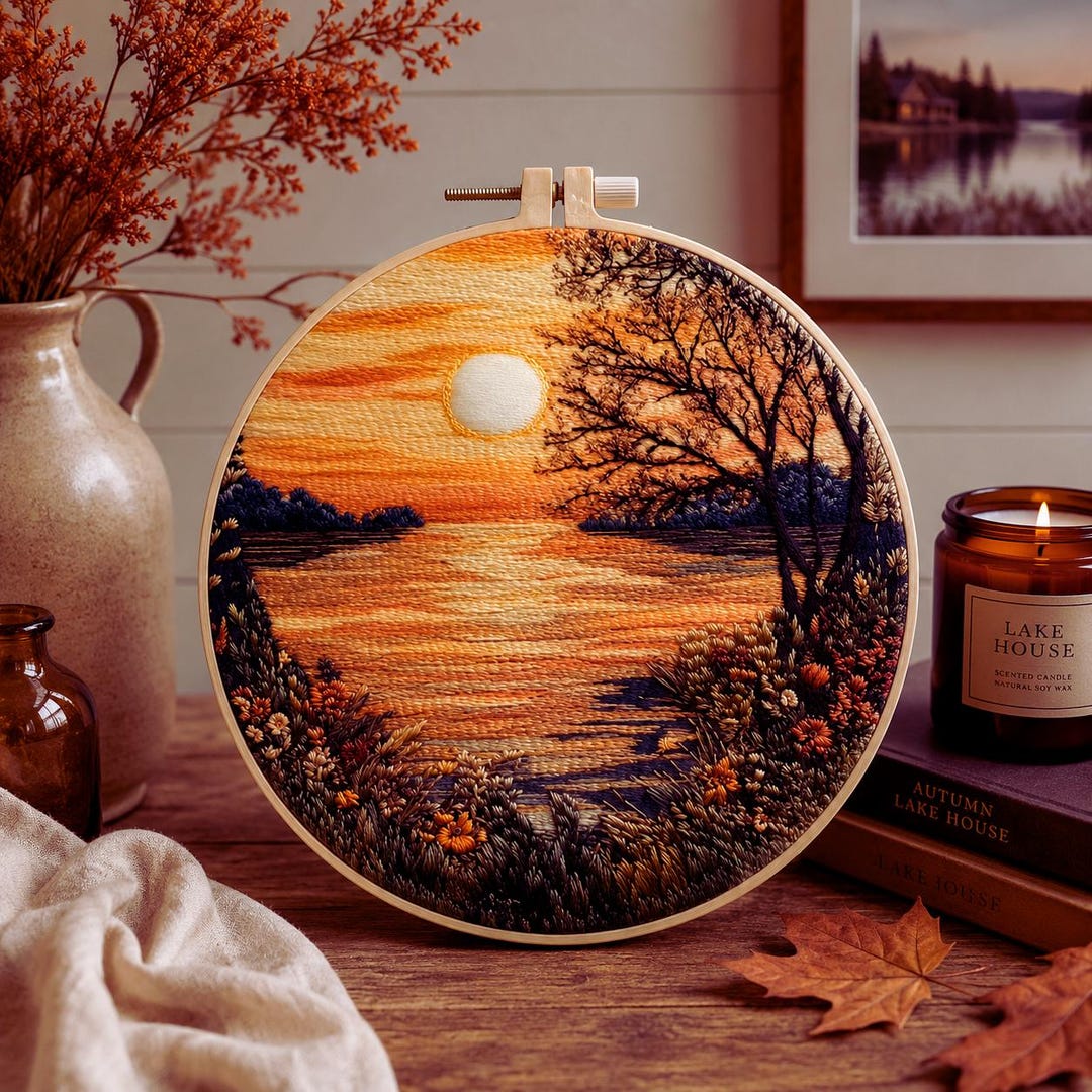 Sunset lake embroidery kit finished piece