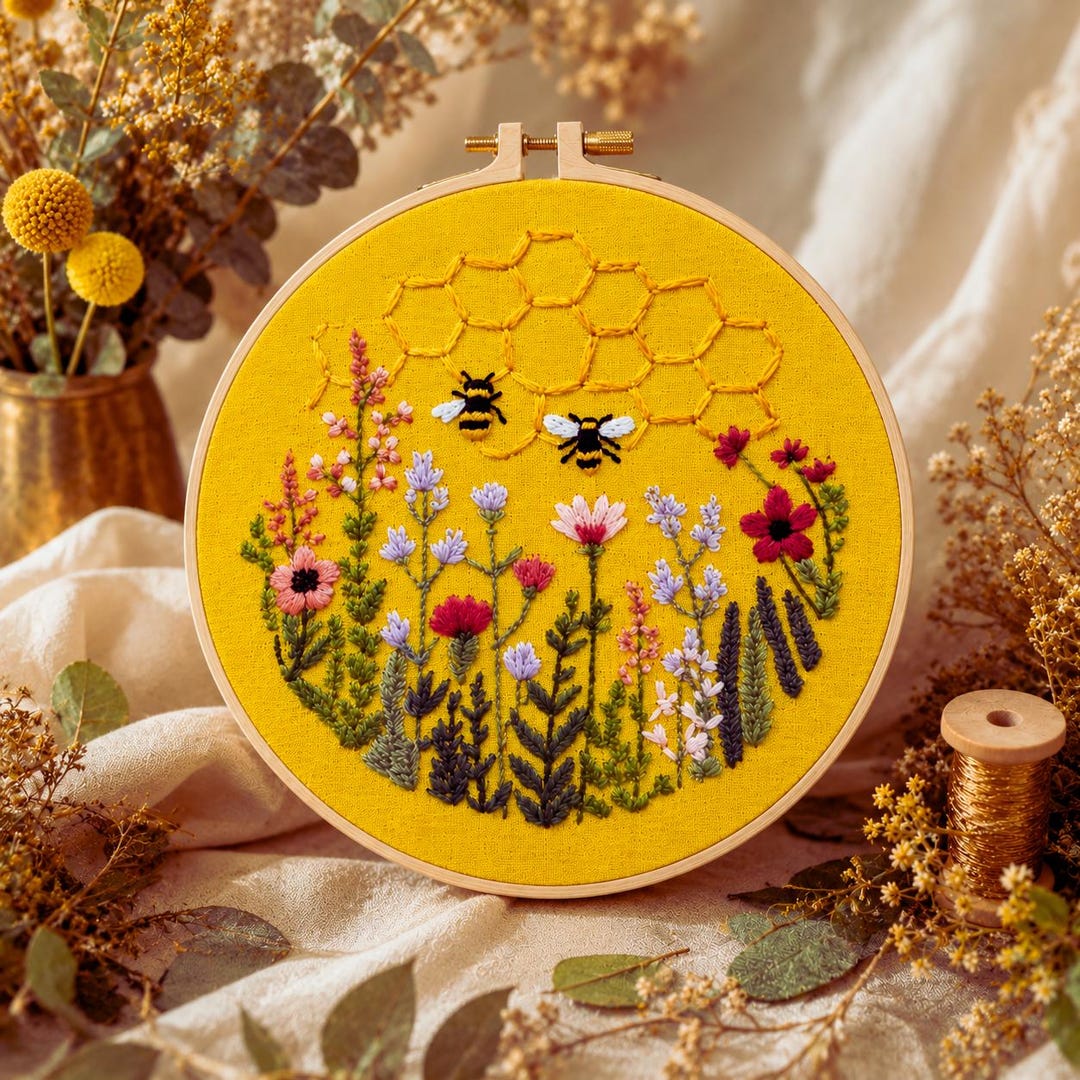 Bee honeycomb wildflower embroidery kit finished piece