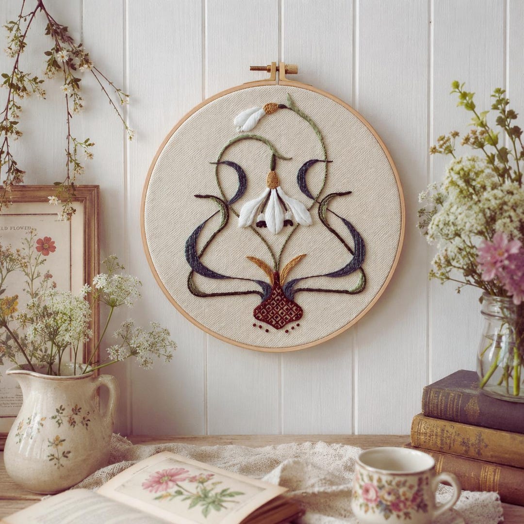 Snowdrop embroidery kit styled display