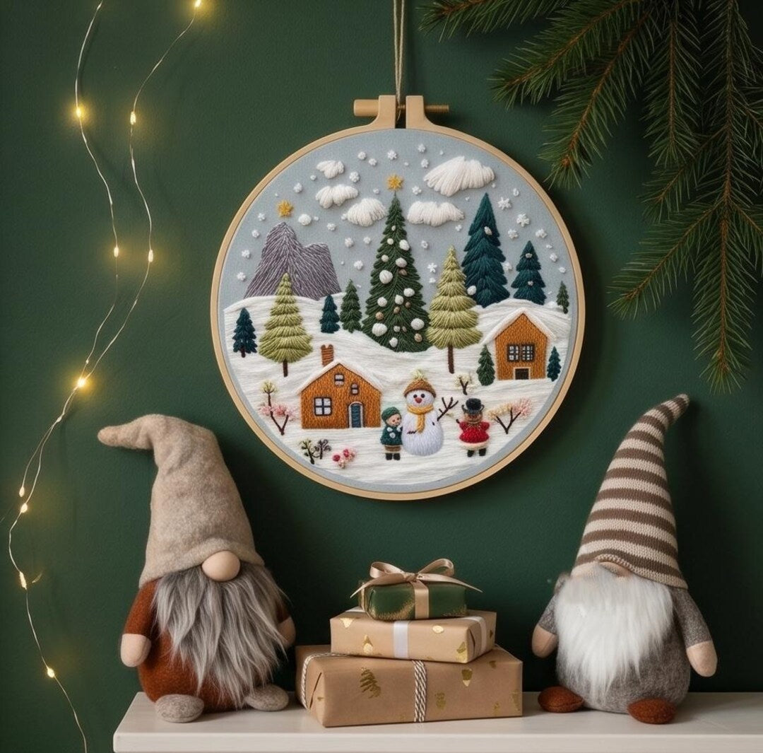Christmas Fireplace Embroidery Kit for Beginners, Cozy Holiday Needlework Set, Winter DIY Embroidery