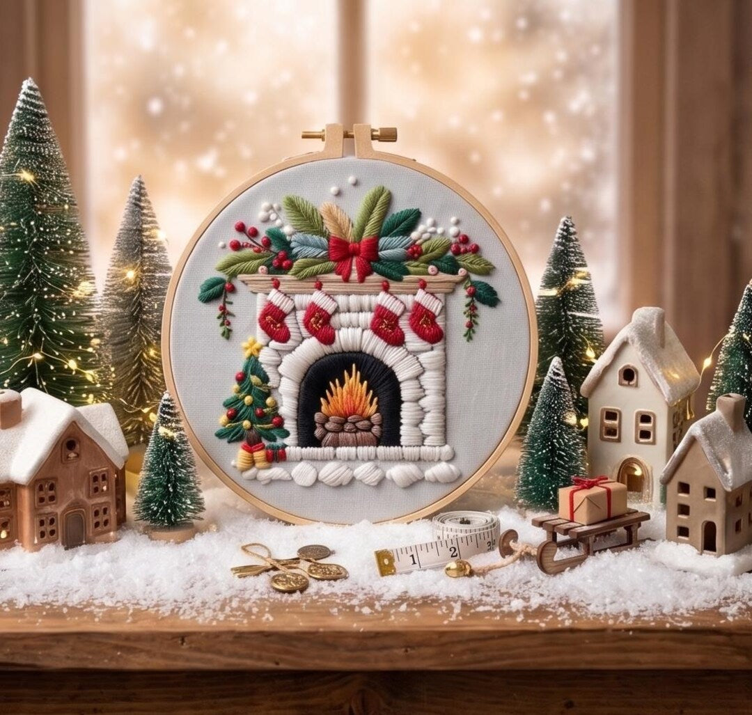 Christmas Fireplace Embroidery Kit for Beginners, Cozy Holiday Needlework Set, Winter DIY Embroidery