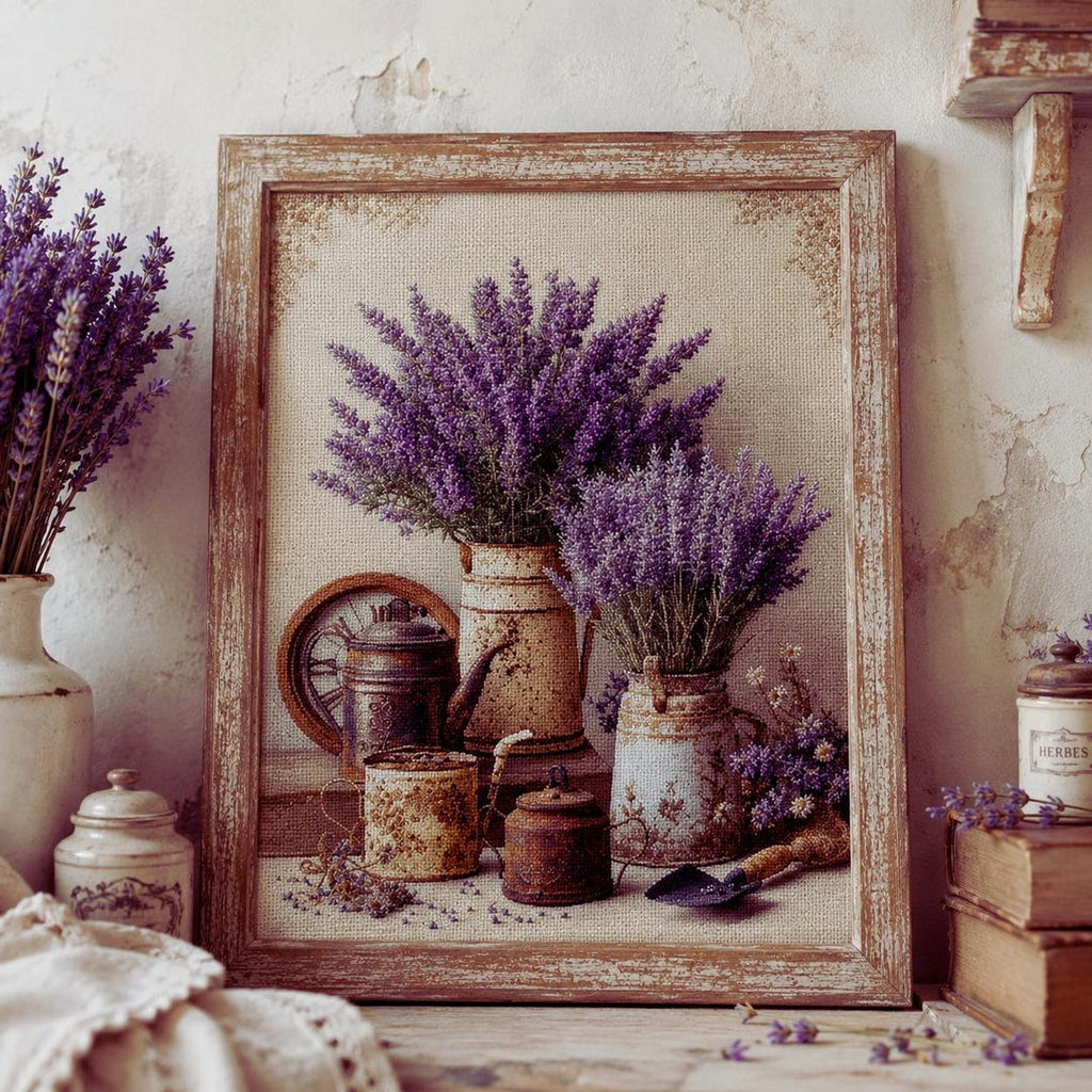 Lavender Cross Stitch Kit, Rustic Farmhouse Embroidery Kit, DIY Needlepoint Kit for Adults, Cottagec