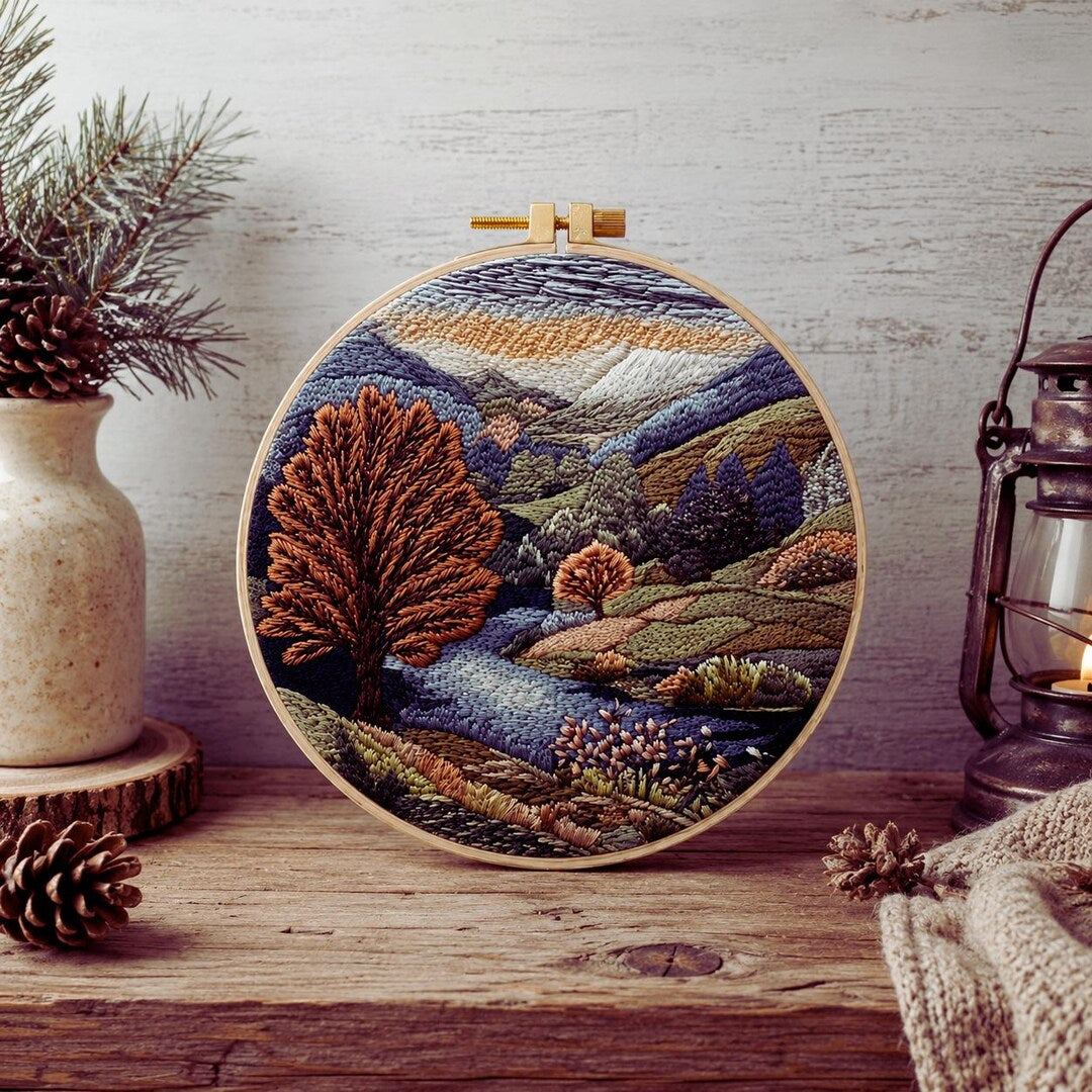 Mountain river landscape embroidery kit finished design
