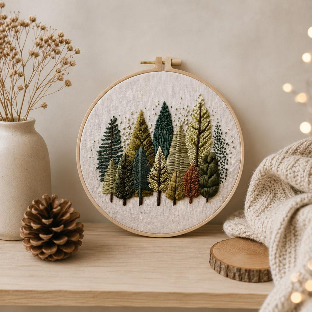 Woodland trees embroidery kit finished piece