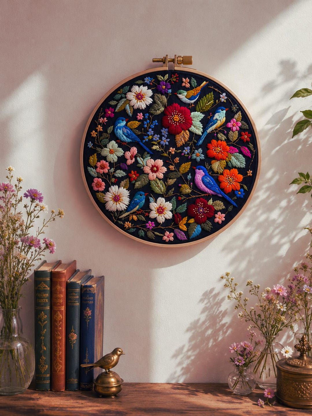 Folk art bird floral embroidery kit finished piece