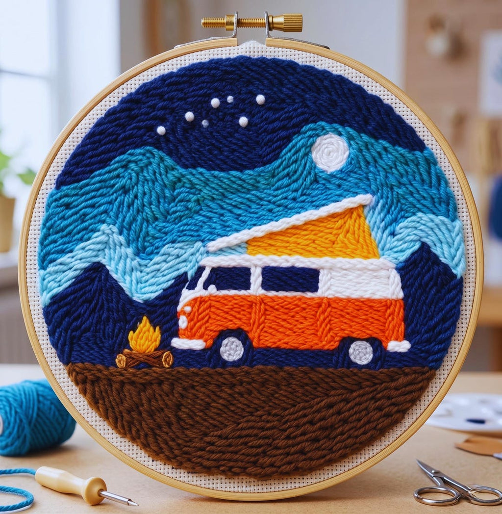 Camping Punch Needle Kit, Camper Van Embroidery Kit, Adventure DIY Craft Kit, Van Life Decor, Beginn