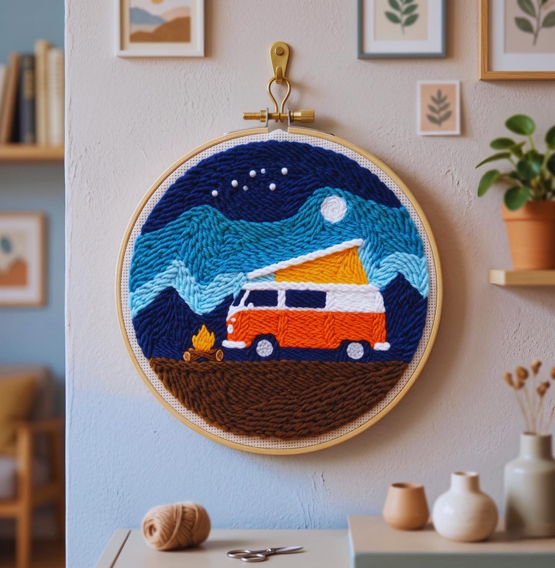 Camping Punch Needle Kit, Camper Van Embroidery Kit, Adventure DIY Craft Kit, Van Life Decor, Beginn