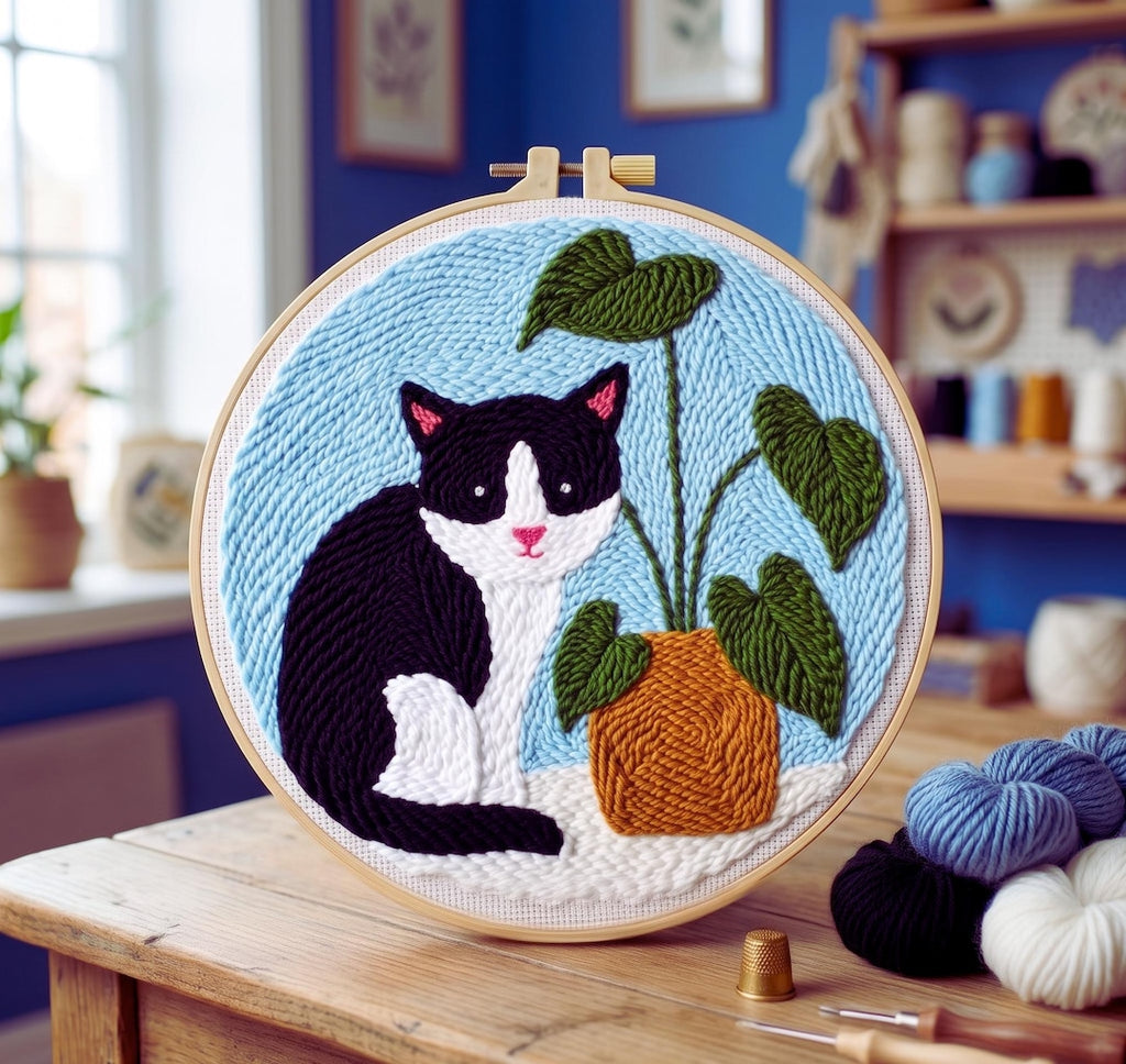 Cat Punch Needle Kit, Tuxedo Cat Embroidery Kit, DIY Cat Lover Craft Kit, Modern Pet Wall Decor, Beg