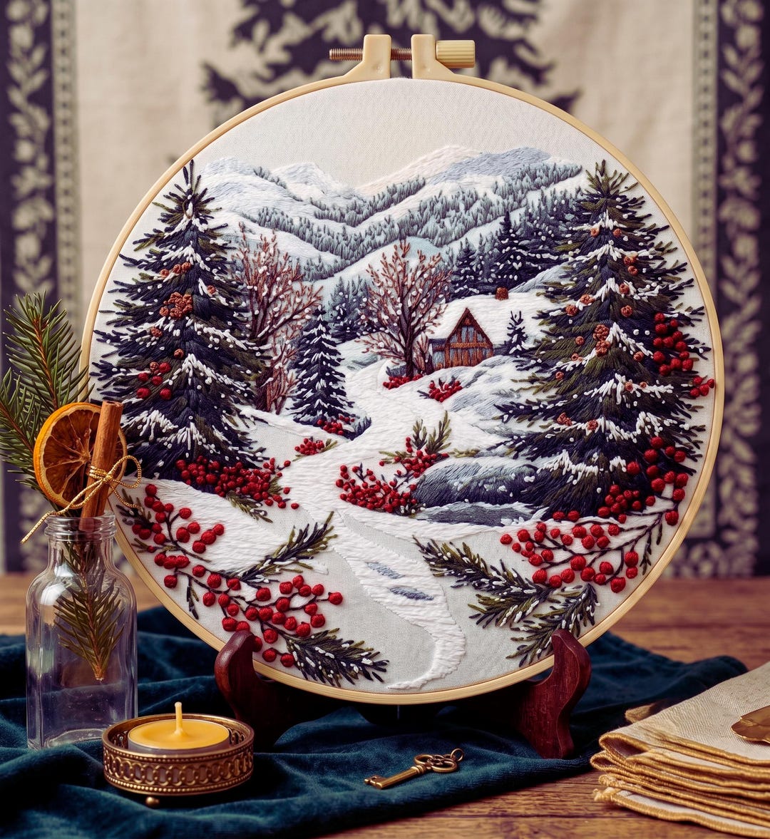 Winter cabin embroidery kit finished snowy cabin cross stitch