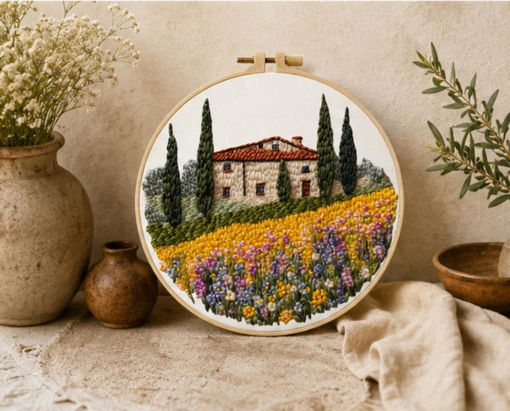 Tuscan farmhouse embroidery kit finished piece