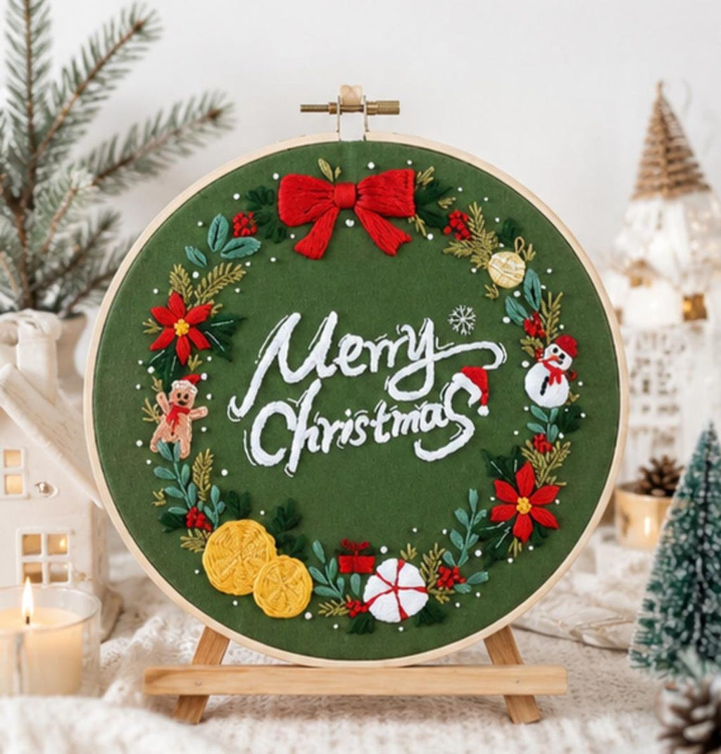 Christmas Embroidery Kit, Festive Wreath Hoop Art, DIY Holiday Decor