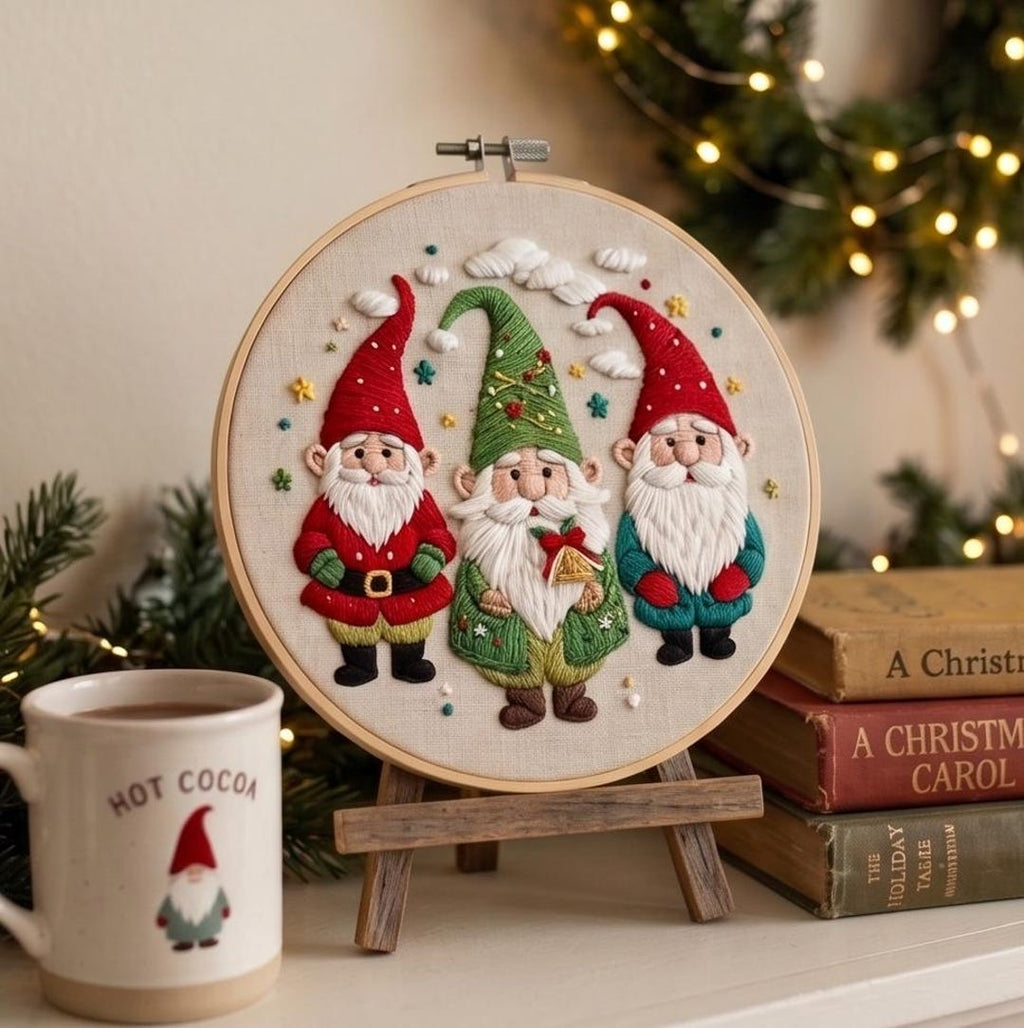 Christmas Gnome Embroidery Kit for Beginners, Scandinavian Holiday Needlework Set, Festive DIY Embro