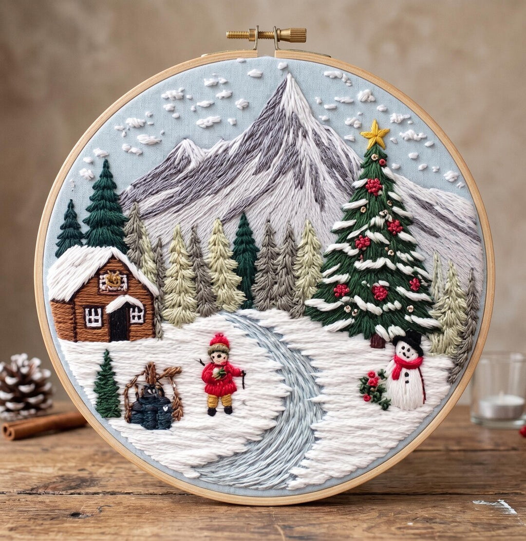 Winter Landscape Embroidery Kit for Beginners, Christmas Mountain Needlework Set, Snowy Cabin DIY Em