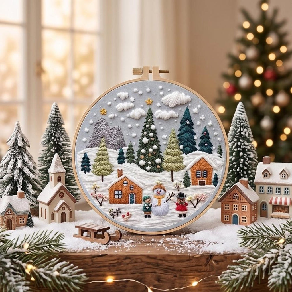 Christmas Fireplace Embroidery Kit for Beginners, Cozy Holiday Needlework Set, Winter DIY Embroidery