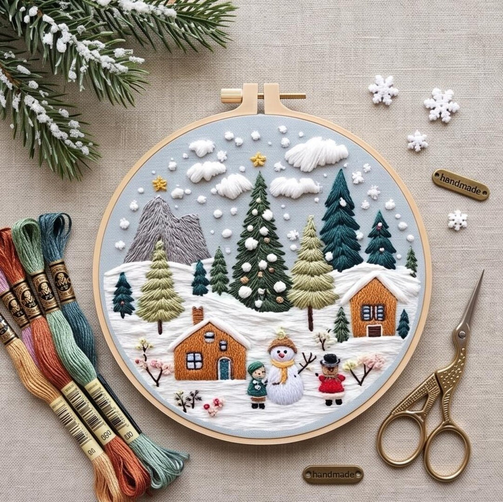 Christmas Fireplace Embroidery Kit for Beginners, Cozy Holiday Needlework Set, Winter DIY Embroidery