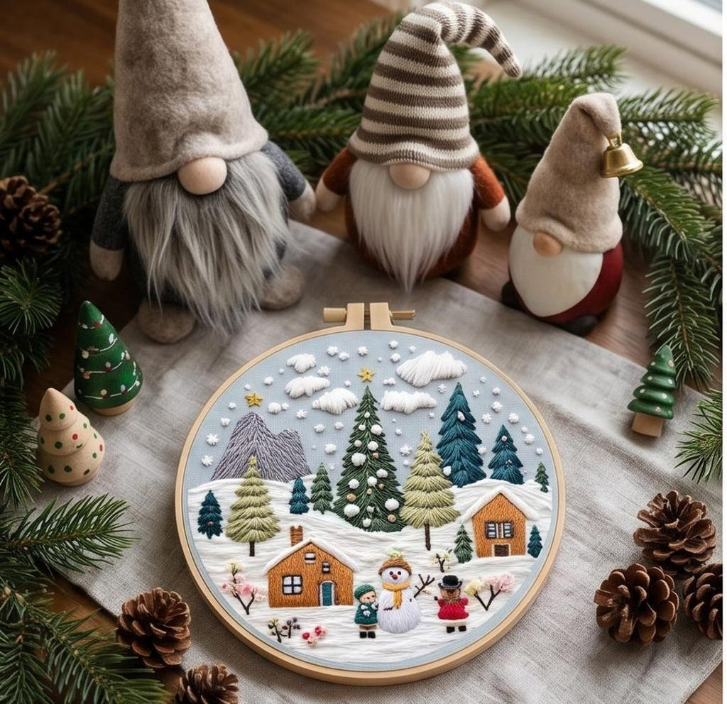 Christmas Fireplace Embroidery Kit for Beginners, Cozy Holiday Needlework Set, Winter DIY Embroidery
