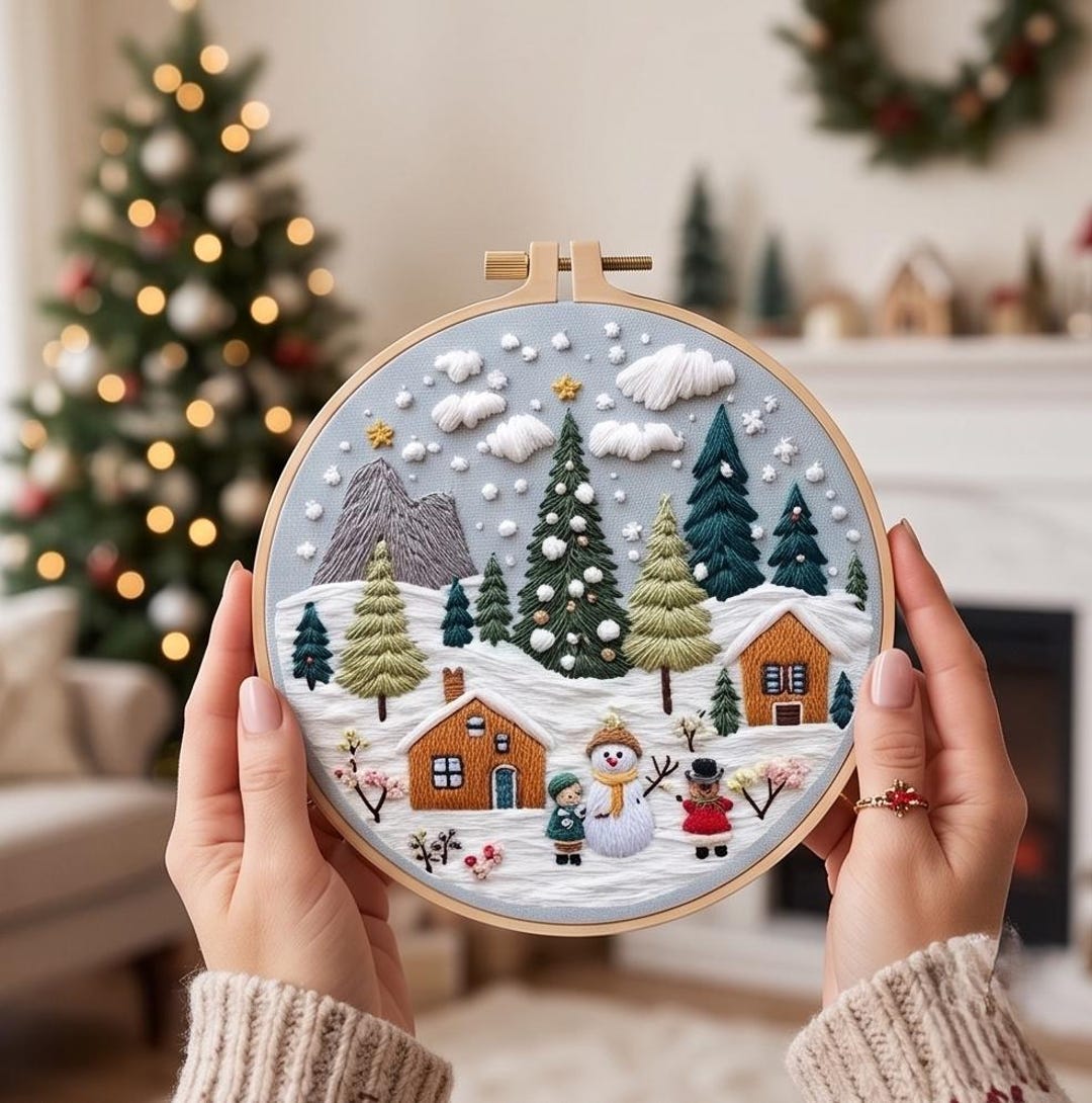 Christmas Fireplace Embroidery Kit for Beginners, Cozy Holiday Needlework Set, Winter DIY Embroidery
