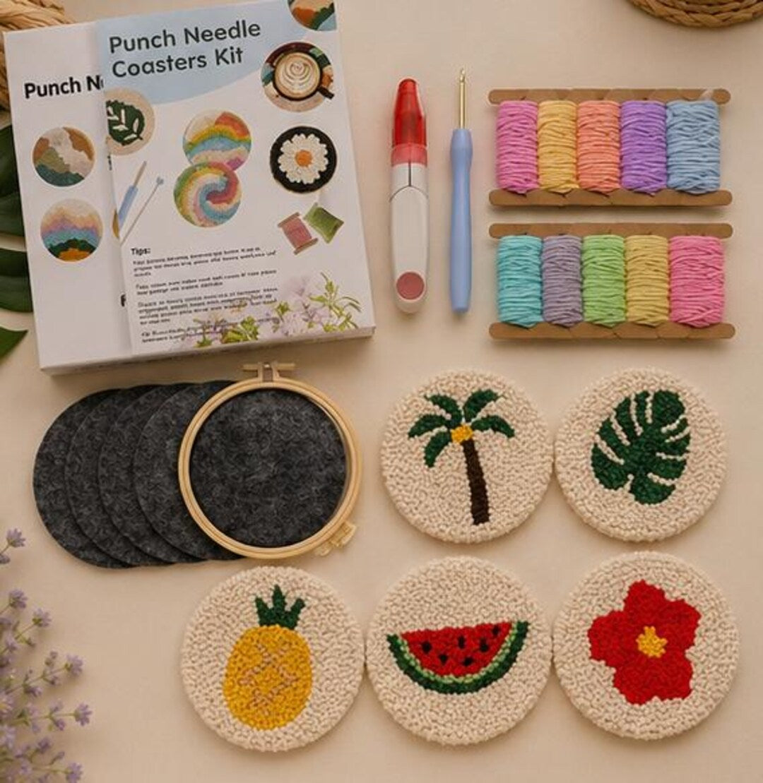 Punch Needle Coaster Kit for Beginners, DIY Tufting Coaster Set, Punch Needle Embroidery Kit, Rug Mu