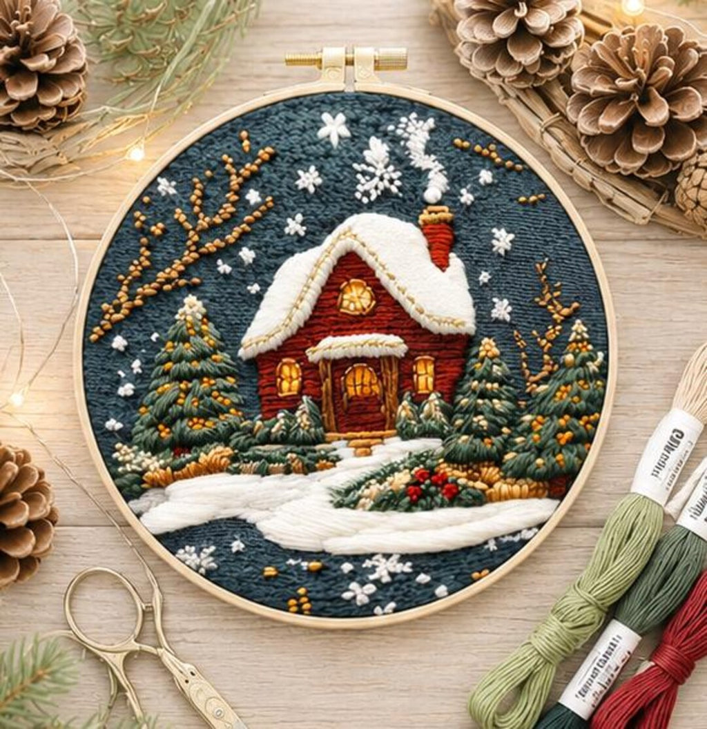 Winter Cottage Embroidery Kit for Beginners, DIY Christmas Embroidery Kit, Snowy Cabin Needlepoint K