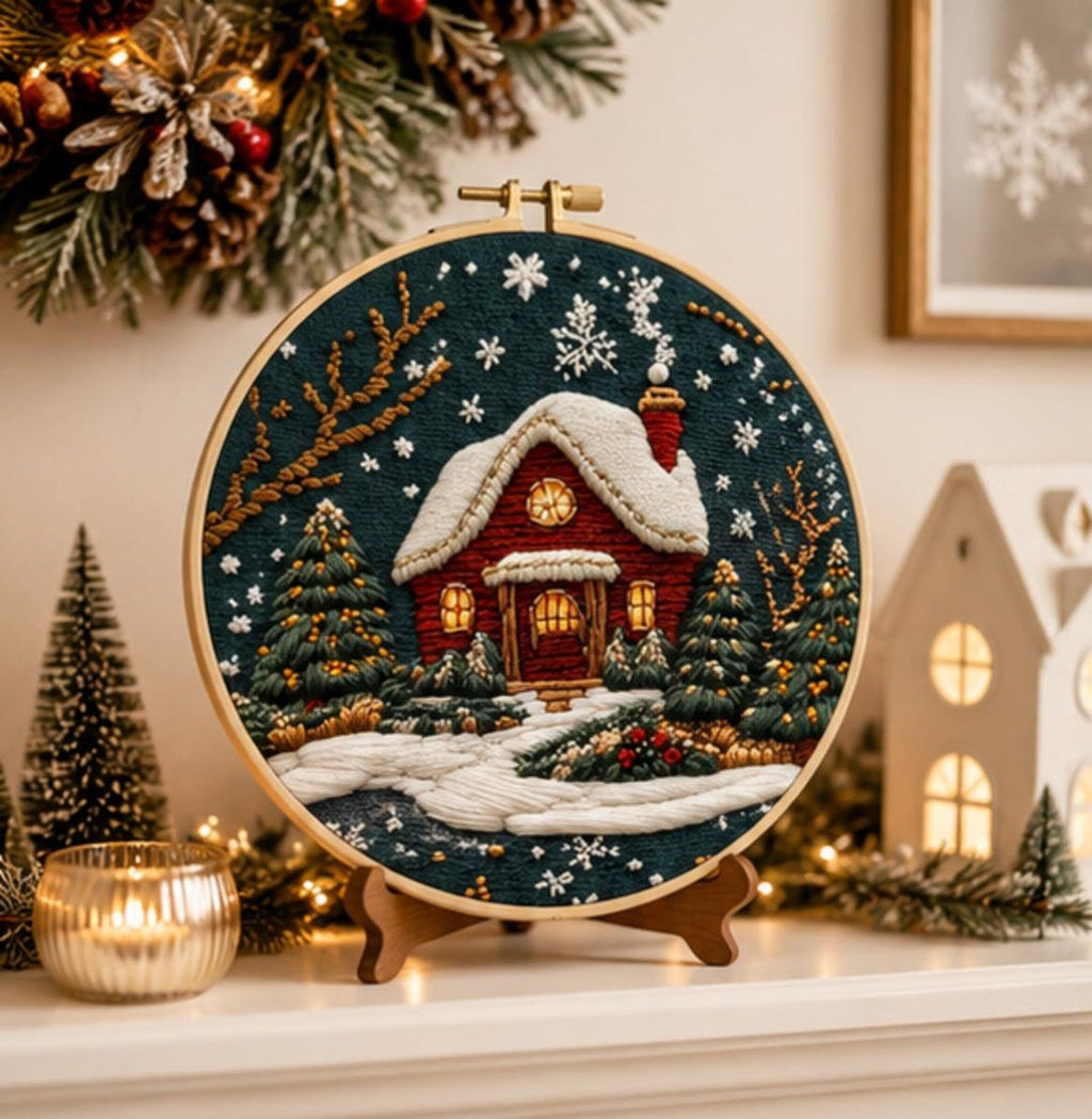 Winter Cottage Embroidery Kit for Beginners, DIY Christmas Embroidery Kit, Snowy Cabin Needlepoint K