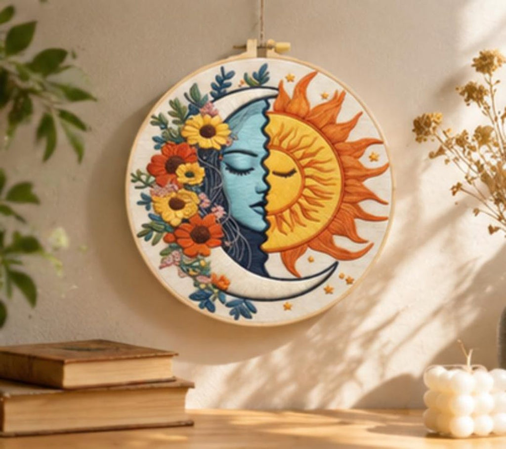 Sun and moon embroidery stitching close-up