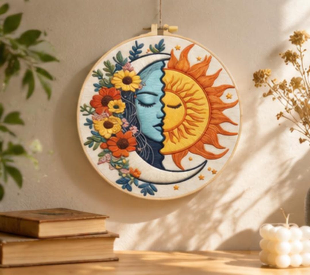 Sun and moon embroidery stitching close-up