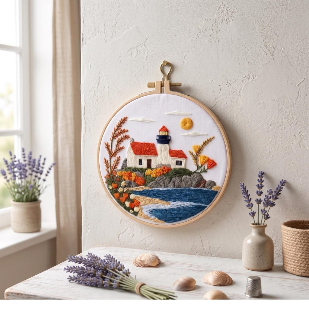 Coastal lighthouse embroidery kit finished piece